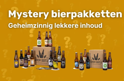 Headerafbeelding met de tekst 'Mystery bierpakketten - Geheimzinnig lekkere inhoud', met een verzameling bierflesjes en dozen van GeheimBiertje op een achtergrond met vraagtekens.