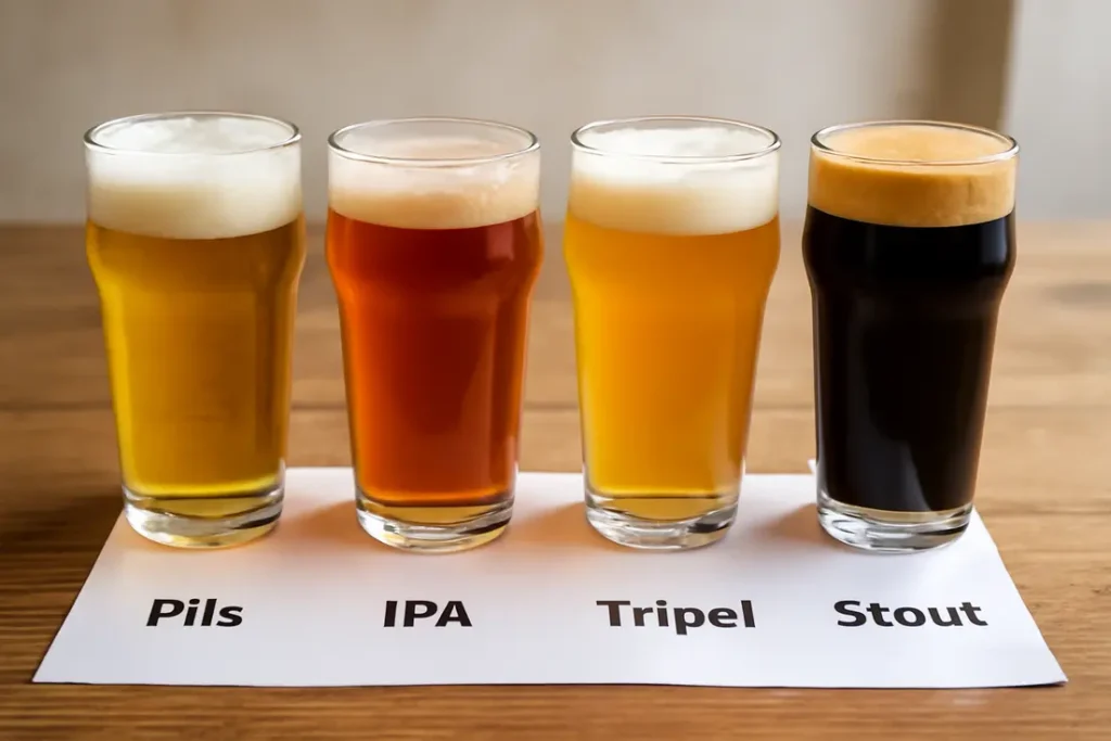 Afbeelding van vier biersoorten Pils, IPA, Tripel en Stout