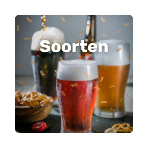 Een afbeelding van 3 verschillende bieren in de kleuren bruin rood en geel met daarover een tekst met Soorten refererend naar biersoorten