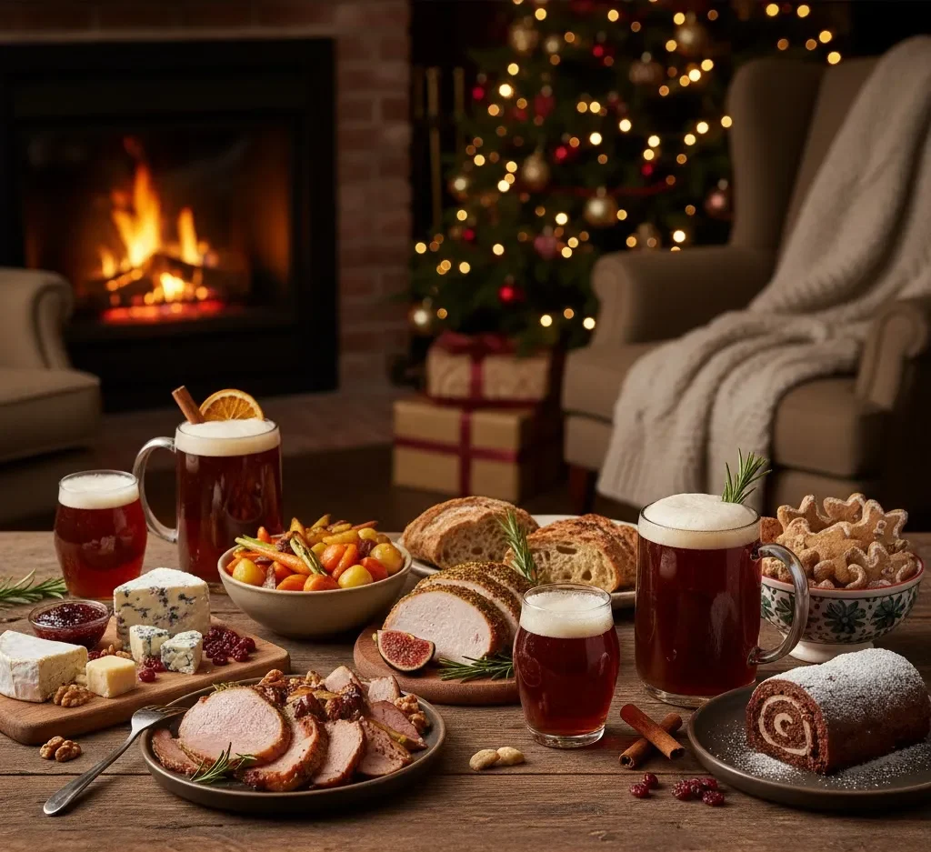 Feestelijke kersttafel met foodpairing kerstbier, inclusief ambachtelijk brood, vleesgerechten, kaasplank en desserts bij open haard met kerstboom op de achtergrond