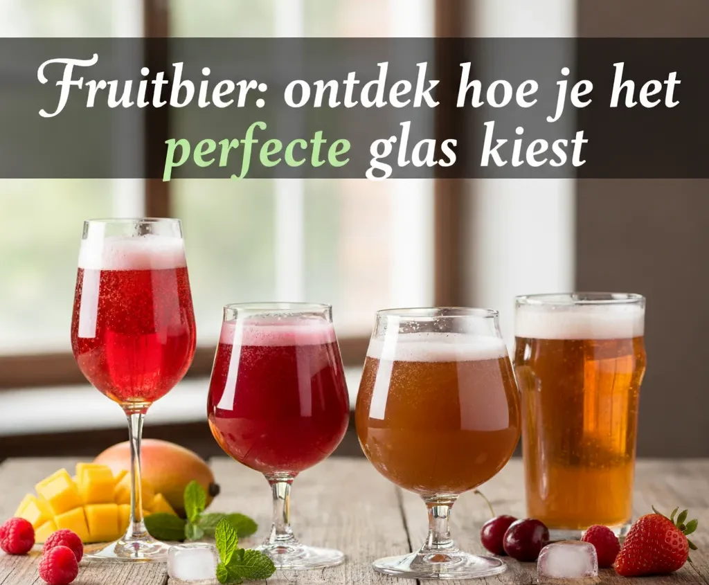 Fruitbier in verschillende glazen – ontdek welk glas het beste past bij jouw fruitbier, met aardbeien, kersen en mango op een houten tafel.