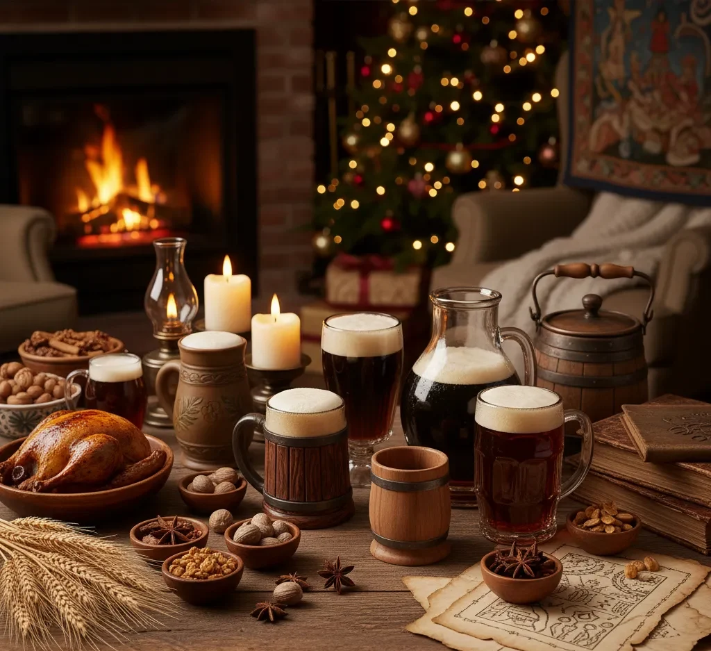 Sfeervolle kerstsetting met historische kerstbieren, houten bierkruiken, kaarslicht en middeleeuwse decoratie – een verwijzing naar de rijke geschiedenis van kerstbier