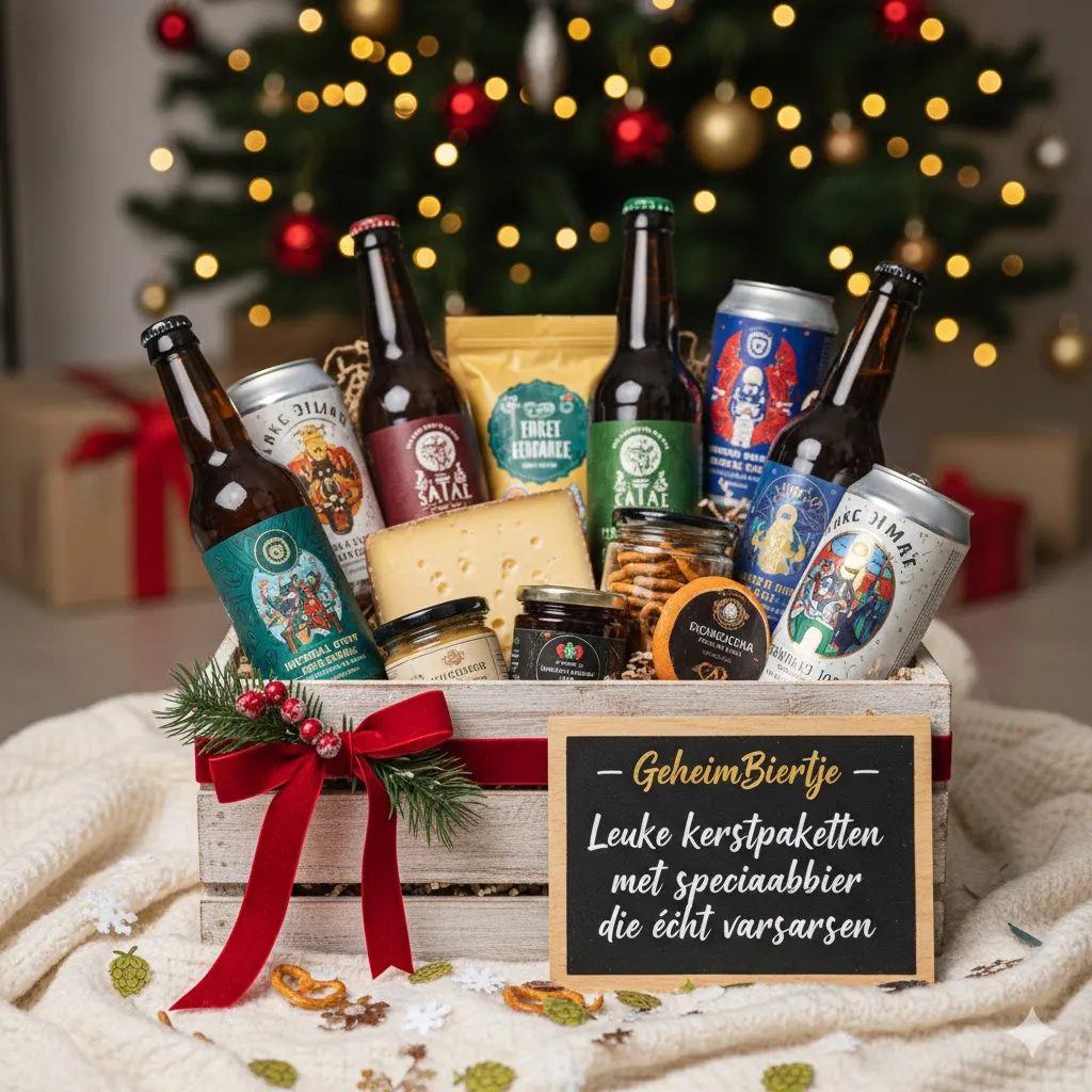Een feestelijk kerstpakket gevuld met diverse speciaalbieren, kazen, crackers, en andere lekkernijen, gepresenteerd in een houten krat met een rode strik. Op de voorgrond staat een klein schoolbordje met de tekst 'GeheimBiertje - Leuke kerstpakketten met speciaalbier die écht verrassen'. Op de achtergrond is een onscherpe kerstboom met lichtjes zichtbaar.