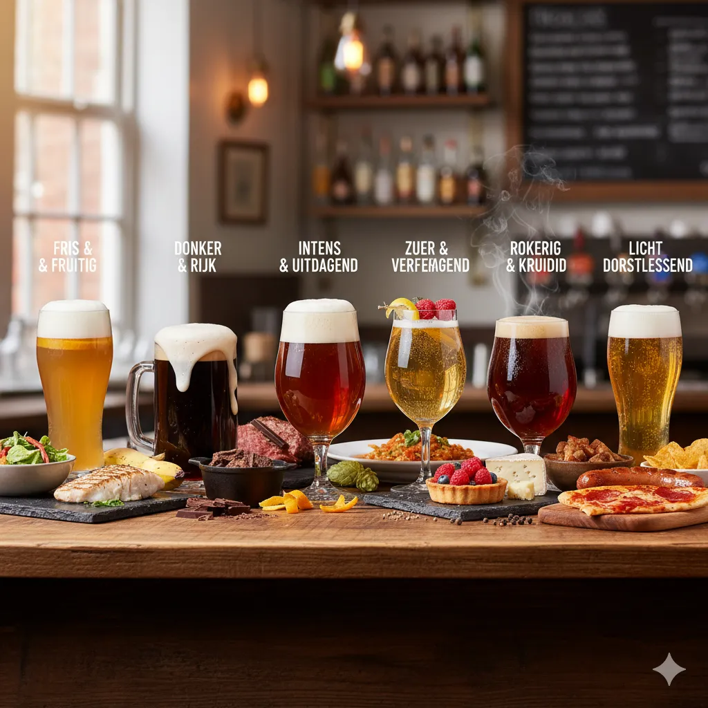 Een overzichtsafbeelding van bier en de verschillende smaken hierin. De afbeelding toont 6 bierglazen van verschillende smaakprofielen in een huiselijke sfeer.
