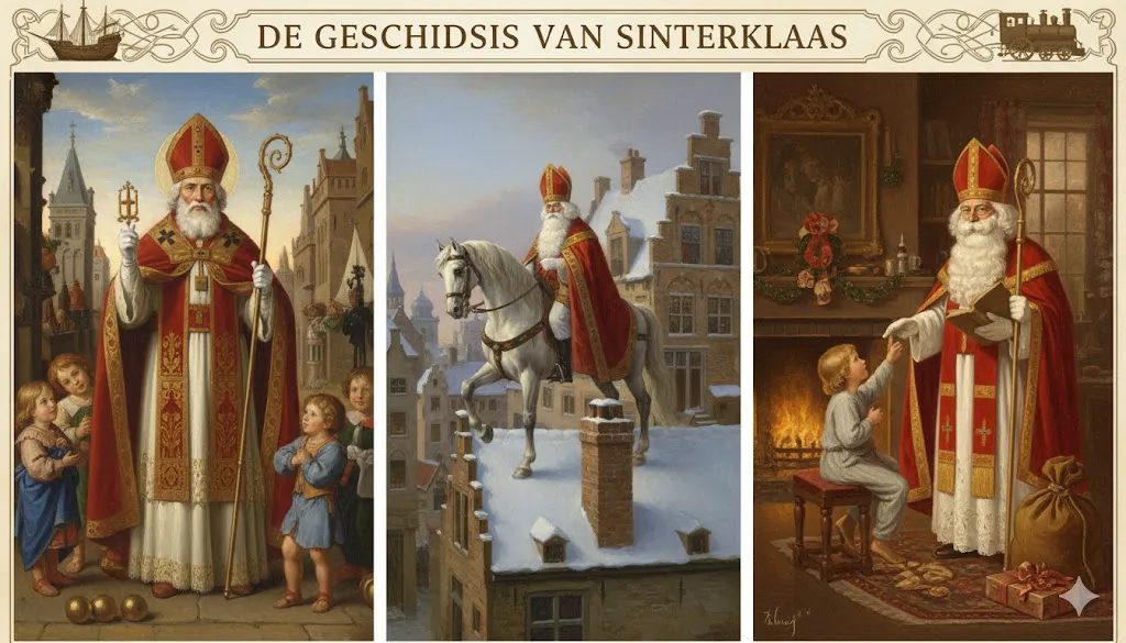 Schilderachtige illustratie van de geschiedenis van Sinterklaas – de heilige Nicolaas met kinderen, te paard op de daken en bij de open haard met cadeaus.