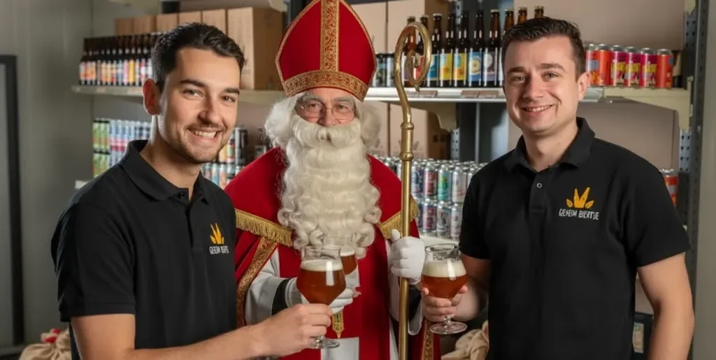 Sinterklaas proostend met de eigenaren van GeheimBiertje en een goed gevuld glas speciaalbier in het magazijn.